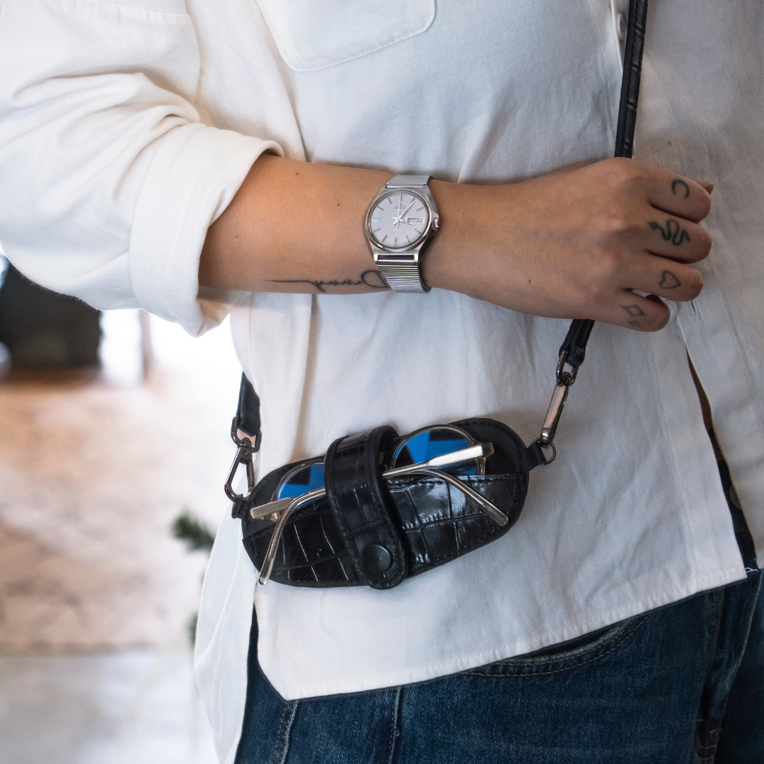 Black Crocodile Leather Eyewear Sling Pouch