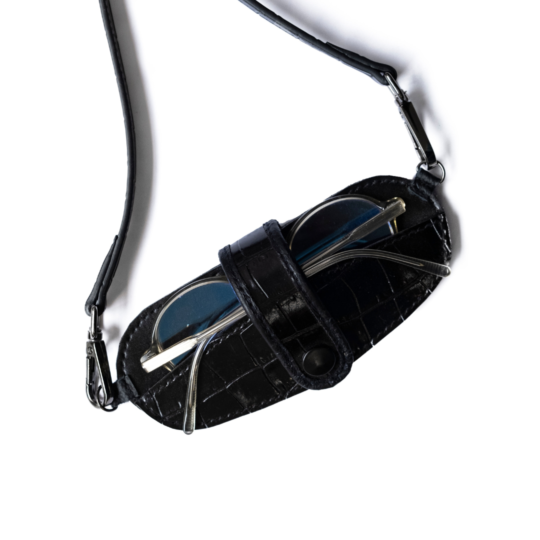 Black Crocodile Leather Eyewear Sling Pouch